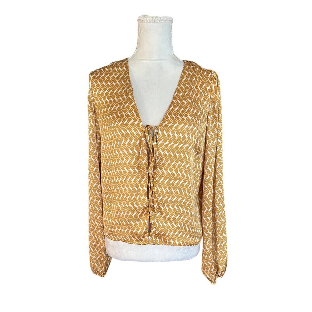 Forever 21 Chevron Print Long Sleeve Y2k Blouse Lace Up Size M Elastic Cuff